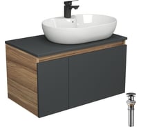 Комплект для ванной Bauedge 4 предмета (Тумба подвесная Blackwood 80 графит + Раковина BAU 60x42, с отв. под см-ль + Смеситель Cerama Black, выпуск черный) BD2784