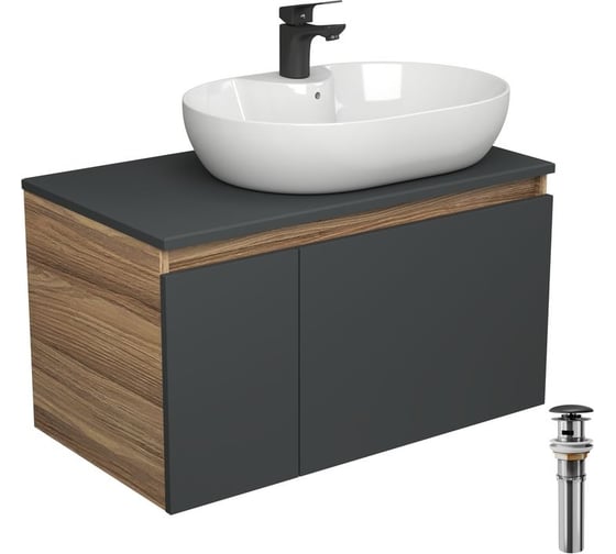 Комплект для ванной Bauedge 4 предмета (Тумба подвесная Blackwood 80 графит + Раковина BAU 60x42, с отв. под см-ль + Смеситель Cerama Black, выпуск черный) BD2784 1