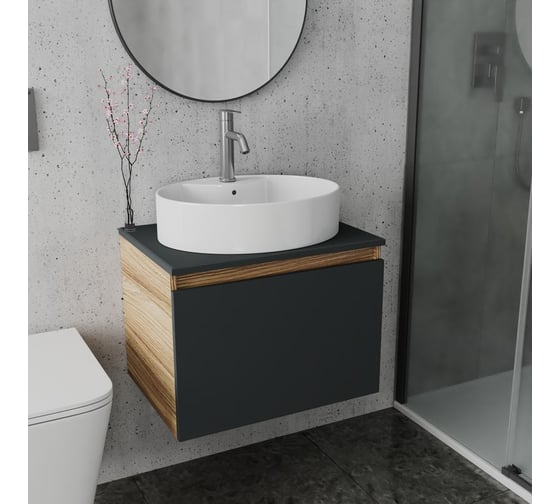Комплект для ванной Bauedge 3 предмета (тумба подвесная Bau Blackwood 60 графит + раковина BAU 51x41, с отв. под см-ль, смеситель Dream, нерж. сталь) BD2679