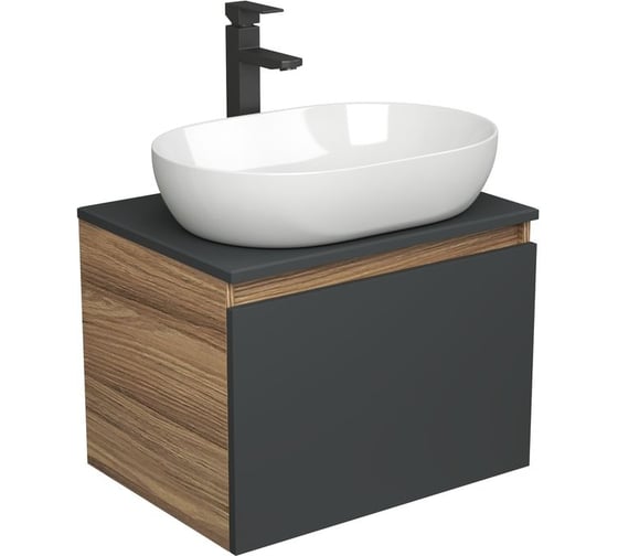 Комплект для ванной Bauedge 3 предмета (тумба подвесная Bau Blackwood 60 графит + раковина BAU 59x40, смеситель высокий Hotel Black, черный) BD2653
