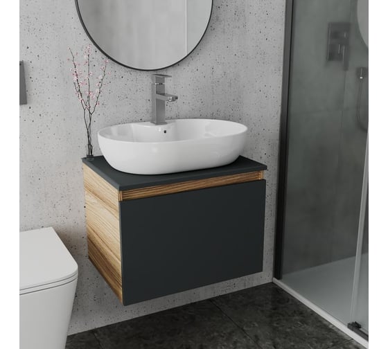 Комплект для ванной Bauedge 3 предмета (тумба подвесная Bau Blackwood 60 графит + раковина BAU 60x42, с отв. под см-ль, смеситель Hotel Still, нерж. сталь) BD2693
