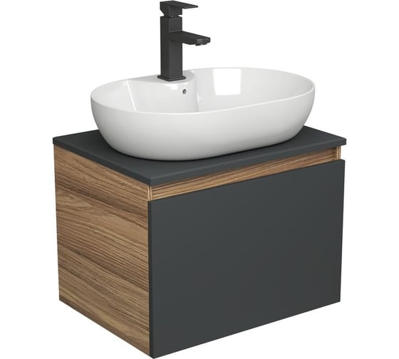 Комплект для ванной Bauedge 3 предмета (тумба подвесная Bau Blackwood 60 графит + раковина BAU 60x42, с отв. под см-ль, смеситель Hotel Black, черный) BD2694 1