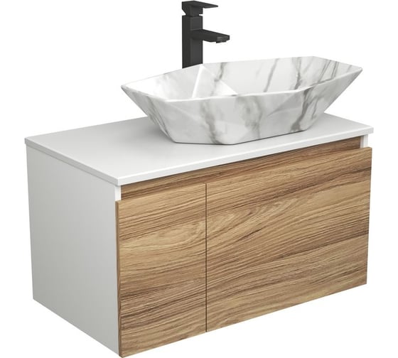 Комплект для ванной Bauedge 3 предмета (тумба подвесная Bau Blackwood 80 + раковина BAU 64x40, мрамор, смеситель высокий Hotel Black, черный) BD2623