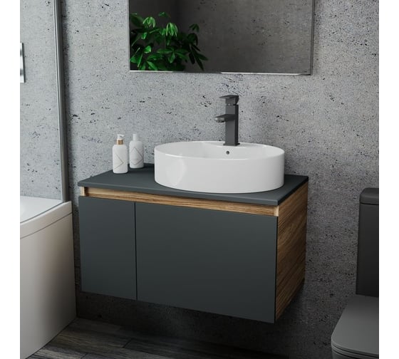 Комплект для ванной Bauedge 3 предмета (тумба подвесная Bau Blackwood 80 графит + раковина BAU 51x41, с отв. под см-ль, смеситель Hotel Black, черный) BD2755