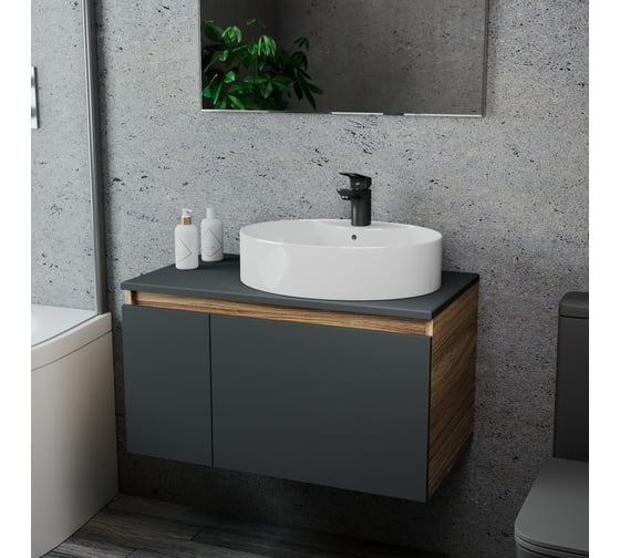 Комплект для ванной Bauedge 3 предмета (тумба подвесная Bau Blackwood 80 графит + раковина BAU 51x41, с отв. под см-ль, смеситель Cerama Black, черный) BD2767