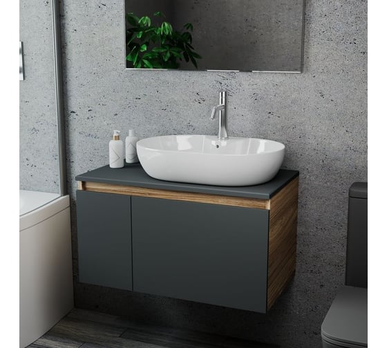 Комплект для ванной Bauedge 3 предмета (тумба подвесная Bau Blackwood 80 графит + раковина BAU 60x42, с отв. под см-ль, смеситель Dream, нерж. сталь) BD2772