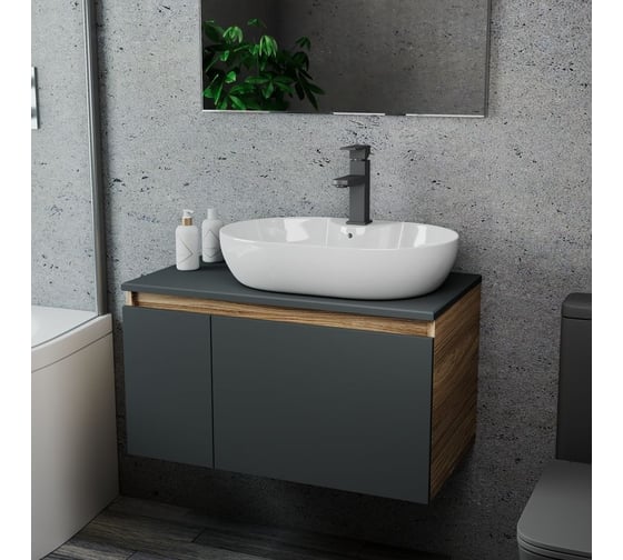 Комплект для ванной Bauedge 3 предмета (тумба подвесная Bau Blackwood 80 графит + раковина BAU 60x42, с отв. под см-ль, смеситель Hotel Black, черный) BD2771