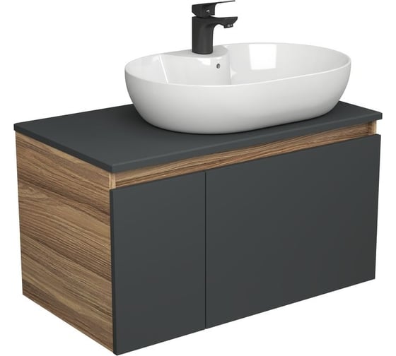 Комплект для ванной Bauedge 3 предмета (тумба подвесная Bau Blackwood 80 графит + раковина BAU 60x42, с отв. под см-ль, смеситель Cerama Black, черный) BD2783 1