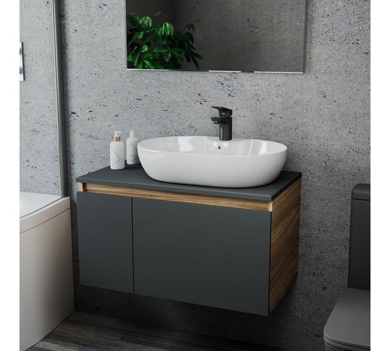 Комплект для ванной Bauedge 3 предмета (тумба подвесная Bau Blackwood 80 графит + раковина BAU 60x42, с отв. под см-ль, смеситель Cerama Black, черный) BD2783