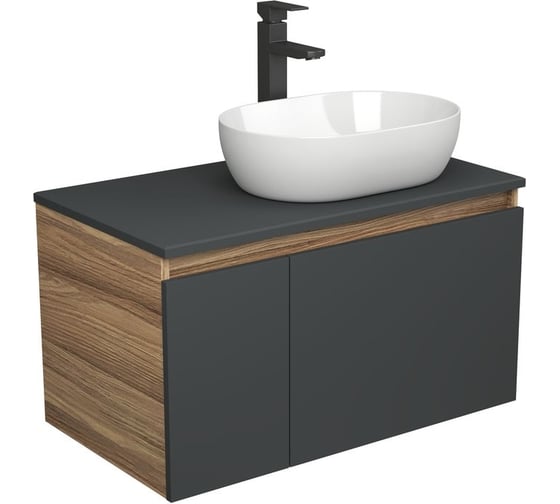 Комплект для ванной Bauedge 3 предмета (тумба подвесная Bau Blackwood 80 графит + раковина BAU 48x34, смеситель высокий Hotel Black, черный) BD2710 1