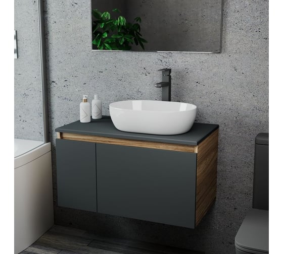Комплект для ванной Bauedge 3 предмета (тумба подвесная Bau Blackwood 80 графит + раковина BAU 48x34, смеситель высокий Hotel Black, черный) BD2710