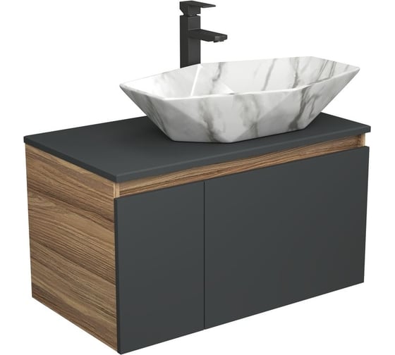 Комплект для ванной Bauedge 3 предмета (тумба подвесная Bau Blackwood 80 графит + раковина BAU 64x40, мрамор, смеситель высокий Hotel Black, черный) BD2787 1