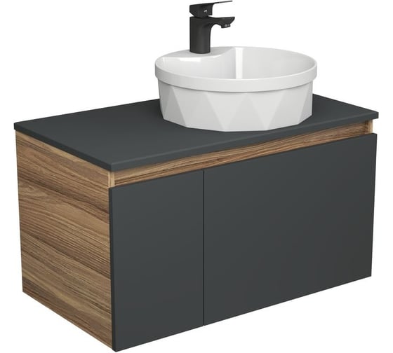 Комплект для ванной Bauedge 3 предмета (тумба подвесная Bau Blackwood 80 графит + раковина BAU D40, с отв. под см-ль, смеситель Cerama Black, черный) BD2742