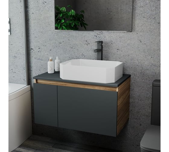 Комплект для ванной Bauedge 3 предмета (тумба подвесная Bau Blackwood 80 графит + раковина BAU Hotel 51x37, смеситель высокий Hotel Black, черный) BD2720