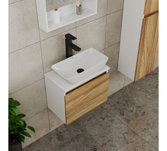 Комплект для ванной Bauedge 4 предмета (тумба Bau Dream 50 + раковина чаша BAU 47x24, белая + смеситель Hotel Black, выпуск клик-клак, черный) BD1608