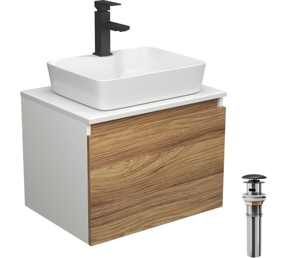 Комплект для ванной Bauedge 4 предмета (тумба Bau Dream 60 + раковина BAU 48x37, с отв. под смеситель + смеситель Hotel Black, выпуск клик-клак, черный) BD1873