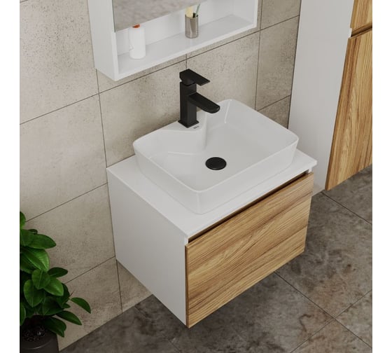 Комплект для ванной Bauedge 4 предмета (тумба Bau Dream 60 + раковина BAU 48x37, с отв. под смеситель + смеситель Hotel Black, выпуск клик-клак, черный) BD1873