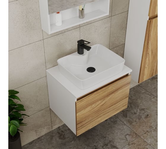 Комплект для ванной Bauedge 4 предмета (тумба Bau Dream 60 + раковина BAU 48x37, с отв. под смеситель + смеситель Cerama Black, выпуск клик-клак, черный) BD2345