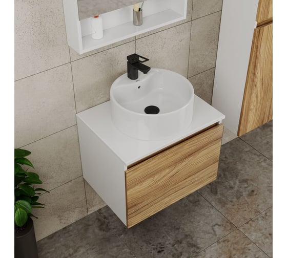 Комплект для ванной Bauedge 4 предмета (тумба Bau Dream 60 + раковина BAU D40, с отв. под смеситель + смеситель Cerama Black, выпуск клик-клак, черный) BD2343