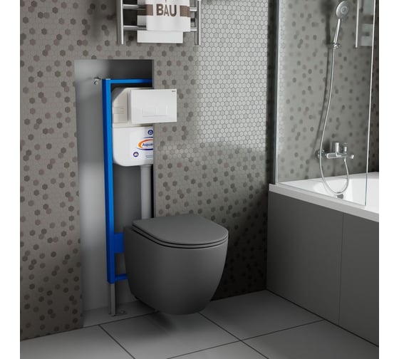 Комплект Bauedge BAU 6 в 1: инсталляция BAU Aquanika, унитаз подвесной безободковый Bau Dream 49,5x36, сиденье дюропласт микролифт, темно-серый матовый, клавиша BAU Hotel, белый глянец 10.702.450.00.00-BL0001-DG-Q00006