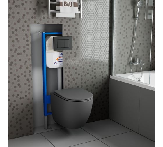 Комплект Bauedge BAU 6 в 1: инсталляция BAU Aquanika, унитаз подвесной безободковый Bau Dream 49,5x36, сиденье дюропласт микролифт, темно-серый матовый, клавиша BAU Stil, черная матовая 10.702.450.00.00-BL0001-DG-Q00003