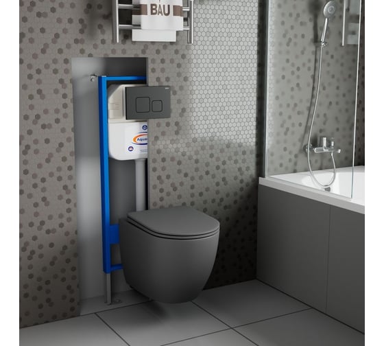 Комплект Bauedge BAU 6 в 1: инсталляция BAU Aquanika, унитаз подвесной безободковый Bau Dream 49,5x36, сиденье дюропласт микролифт, темно-серый матовый, клавиша BAU Soul, черная матовая 10.702.450.00.00-BL0001-DG-Q00015