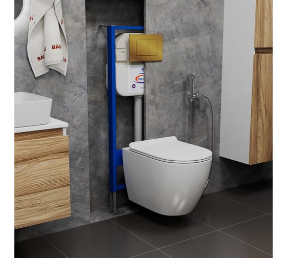 Комплект Bauedge BAU 6 в 1: инсталляция BAU Aquanika, унитаз подвесной безободковый Bau Dream 49,5x36, сиденье дюропласт микролифт, клавиша BAU Stil, золото 10.702.450.00.00-BL0001-Q00013