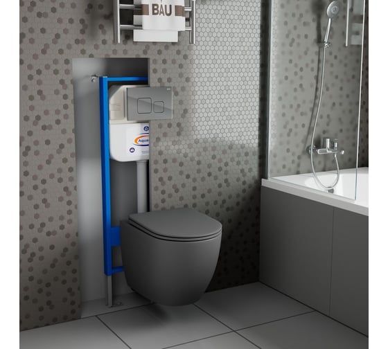 Комплект Bauedge BAU 6 в 1: инсталляция BAU Aquanika, унитаз подвесной безободковый Bau Dream 49,5x36, сиденье дюропласт микролифт, темно-серый матовый, клавиша BAU Soul, хром 10.702.450.00.00-BL0001-DG-Q00016