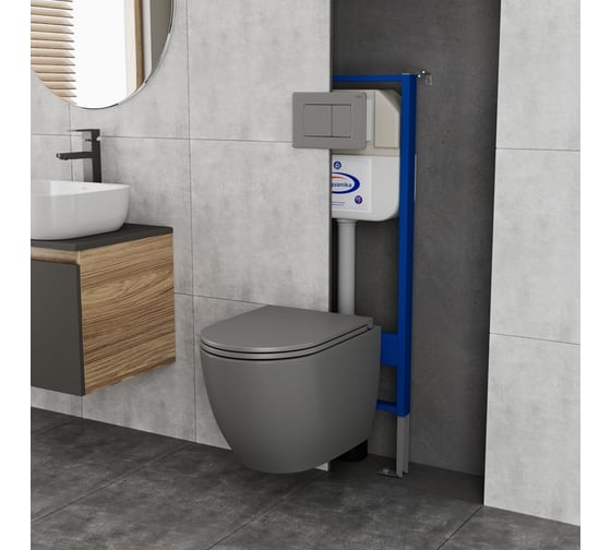 Комплект Bauedge BAU 6 в 1: инсталляция BAU Aquanika, унитаз безободковый торнадо обратного потока Bau Dream Hurricane-2 серый матовый, сиденье дюропласт микролифт, клавиша темно-серый металлик 10.702.450.00.00-BL0001-HQ2-DG-Q00017