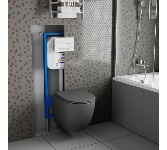 Комплект Bauedge BAU 6 в 1: инсталляция BAU Aquanika, унитаз подвесной безободковый Bau Dream 49,5x36, сиденье дюропласт микролифт, темно-серый матовый, клавиша BAU Soul, белая 10.702.450.00.00-BL0001-DG-Q00014