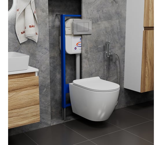 Комплект Bauedge BAU 6 в 1: инсталляция BAU Aquanika, унитаз подвесной безободковый Bau Dream 49,5x36, сиденье дюропласт микролифт, клавиша BAU Stil, хром 10.702.450.00.00-BL0001-Q00002