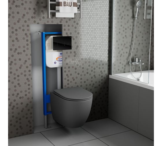 Комплект Bauedge BAU 6 в 1: инсталляция BAU Aquanika, унитаз подвесной безободковый Bau Dream 49,5x36, сиденье дюропласт микролифт, темно-серый матовый, клавиша из стекла BAU Dream, черная 10.702.450.00.00-BL0001-DG-Q00011