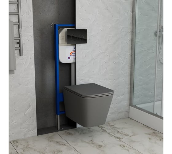 Комплект Bauedge BAU 6 в 1: инсталляция BAU Aquanika, унитаз подвесной безободковый торнадо Bau Stil Hurricane-2, сиденье микролифт,темно-серый матовый, клавиша из стекла BAU Dream, черная 10.702.450.00.00-BS0001-HQ2-DG-Q00011