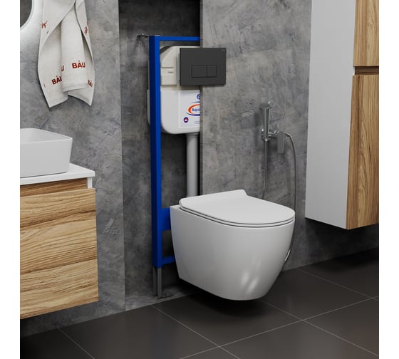 Комплект Bauedge BAU 6 в 1: инсталляция BAU Aquanika, унитаз подвесной безободковый Bau Dream 49,5x36, сиденье дюропласт микролифт, клавиша BAU Hotel, черная матовая 10.702.450.00.00-BL0001-Q00008 1
