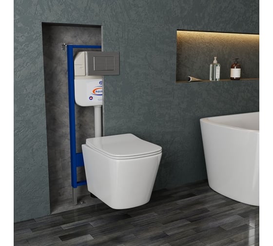 Комплект Bauedge BAU 6 в 1: инсталляция BAU Aquanika, Унитаз подвесной безободковый Bau Stil 49x35, сиденье дюропласт микролифт, клавиша BAU Stil сатин 10.702.450.00.00-BS0001-Q00009