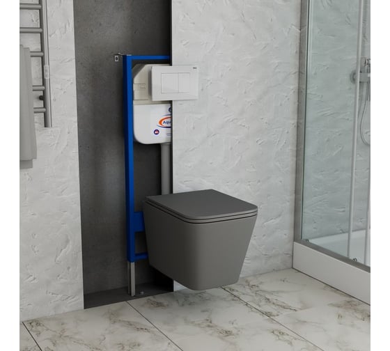 Комплект Bauedge BAU 6 в 1: инсталляция BAU Aquanika, унитаз подвесной безободковый торнадо Bau Stil Hurricane-2, сиденье микролифт,темно-серый матовый, клавиша BAU Stil, белый глянец 10.702.450.00.00-BS0001-HQ2-DG-Q00001