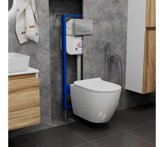 Комплект Bauedge BAU 6 в 1: инсталляция BAU Aquanika, унитаз подвесной безободковый Bau Dream 49,5x36, сиденье дюропласт микролифт, клавиша BAU Hotel, хром 10.702.450.00.00-BL0001-Q00007