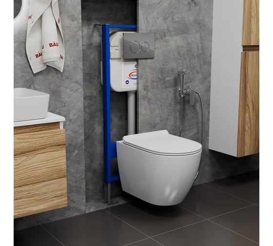 Комплект Bauedge BAU 6 в 1: инсталляция BAU Aquanika, унитаз подвесной безободковый Bau Dream 49,5x36, сиденье дюропласт микролифт, клавиша BAU Dream, хром 10.702.450.00.00-BL0001-Q00004