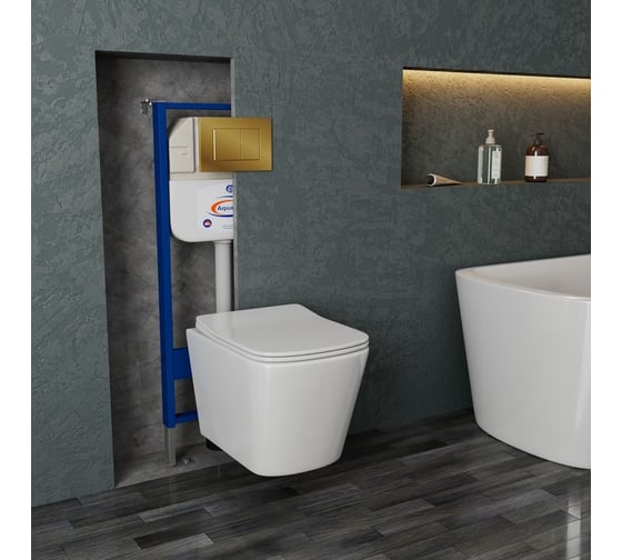 Комплект Bauedge BAU 6 в 1: инсталляция BAU Aquanika, Унитаз подвесной безободковый Bau Stil 49x35, сиденье дюропласт микролифт, клавиша BAU Stil, золото 10.702.450.00.00-BS0001-Q00013