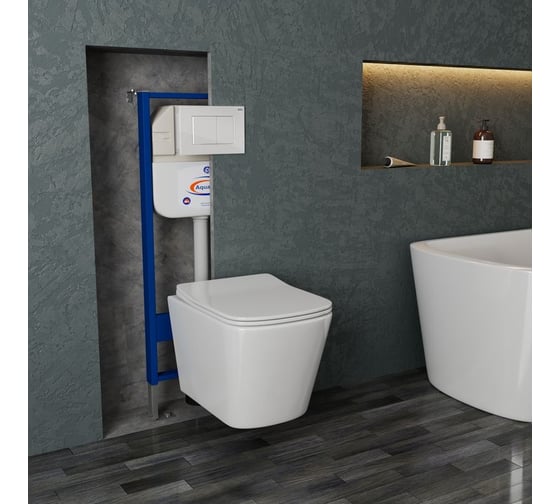 Комплект Bauedge BAU 6 в 1: инсталляция BAU Aquanika, Унитаз подвесной безободковый Bau Stil 49x35, сиденье дюропласт микролифт, клавиша BAU Stil, белый глянец 10.702.450.00.00-BS0001-Q00001