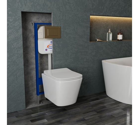 Комплект Bauedge BAU 6 в 1: инсталляция BAU Aquanika, унитаз подвесной безободковый Bau Stil 51x35, сиденье дюропласт микролифт, клавиша BAU Stil, бронза 10.702.450.00.00-BS0002-Q00012