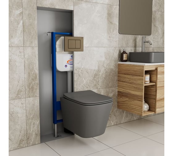 Комплект Bauedge BAU 6 в 1: инсталляция BAU Aquanika, унитаз подвесной безободковый Bau Stil 51x35, сиденье дюропласт микролифт,темно-серый матовый, клавиша BAU Stil, бронза 10.702.450.00.00-BS0002-DG-Q00012