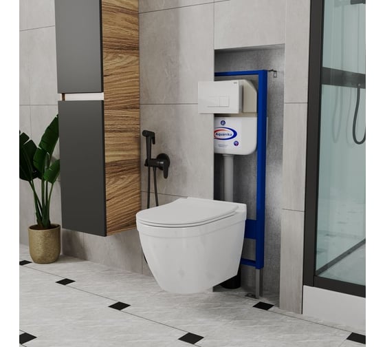 Комплект Bauedge BAU 6 в 1: инсталляция BAU Aquanika, унитаз безободковый Bau Mif PRO, сиденье микролифт, кнопка смыва BAU Hotel для инсталляциии, белый глянец 10.702.450.00.00-NT0002-PRO-Q00006
