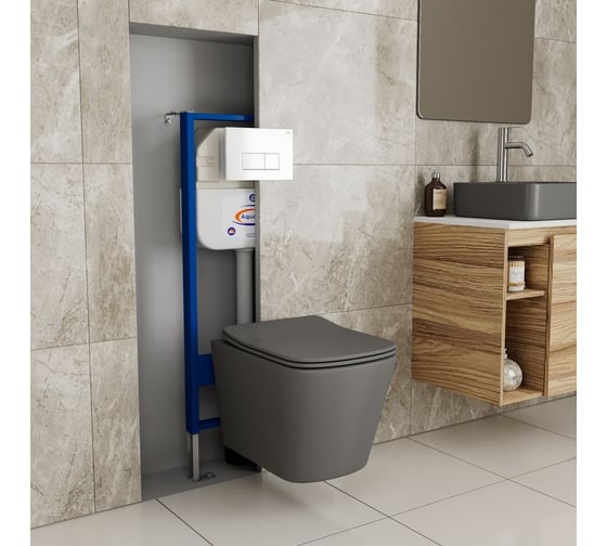 Комплект Bauedge BAU 6 в 1: инсталляция BAU Aquanika, унитаз подвесной безободковый Bau Stil 51x35, сиденье дюропласт микролифт,темно-серый матовый, клавиша BAU Hotel, белый глянец 10.702.450.00.00-BS0002-DG-Q00006