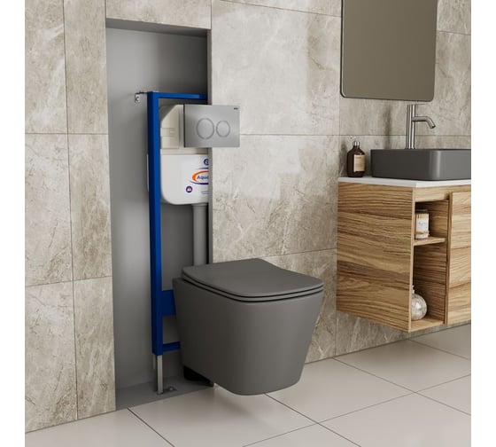 Комплект Bauedge BAU 6 в 1: инсталляция BAU Aquanika, унитаз подвесной безободковый Bau Stil 51x35, сиденье дюропласт микролифт,темно-серый матовый, клавиша BAU Dream, хром 10.702.450.00.00-BS0002-DG-Q00004
