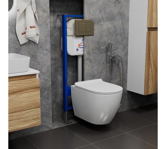 Комплект Bauedge BAU 6 в 1: инсталляция BAU Aquanika, унитаз безободковый Bau Dream PRO, сиденье дюропласт микролифт, кнопка смыва BAU Stil для инсталляции, бронза 10.702.450.00.00-NL0001-PRO-Q00012