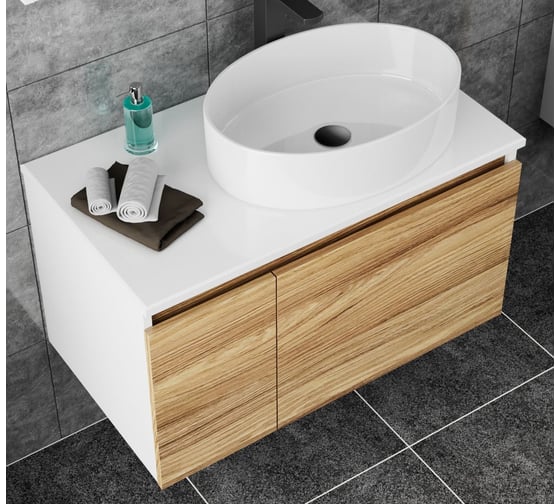 Тумба с раковиной и выпуском Bauedge (тумба Bau Dream Blackwood 80, умывальник BAU Nimb 50x36, выпуск клик клак, черный) BD1577