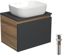 Тумба с раковиной и выпуском Bauedge (тумба Bau Dream 60, графит + раковина накладная прямоугольная BAU Stil Pro Pro 50x40, выпуск клик-клак, белый) BD2452