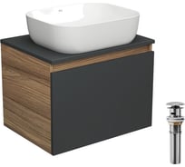 Тумба с раковиной и выпуском Bauedge (тумба Bau Dream 60, графит + раковина накладная прямоугольная BAU Stil Pro Pro 50x40, выпуск клик-клак, хром) BD2447