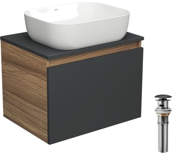 Тумба с раковиной и выпуском Bauedge (тумба Bau Dream 60, графит + раковина накладная прямоугольная BAU Stil Pro Pro 50x40, выпуск клик-клак, черный) BD2433 1